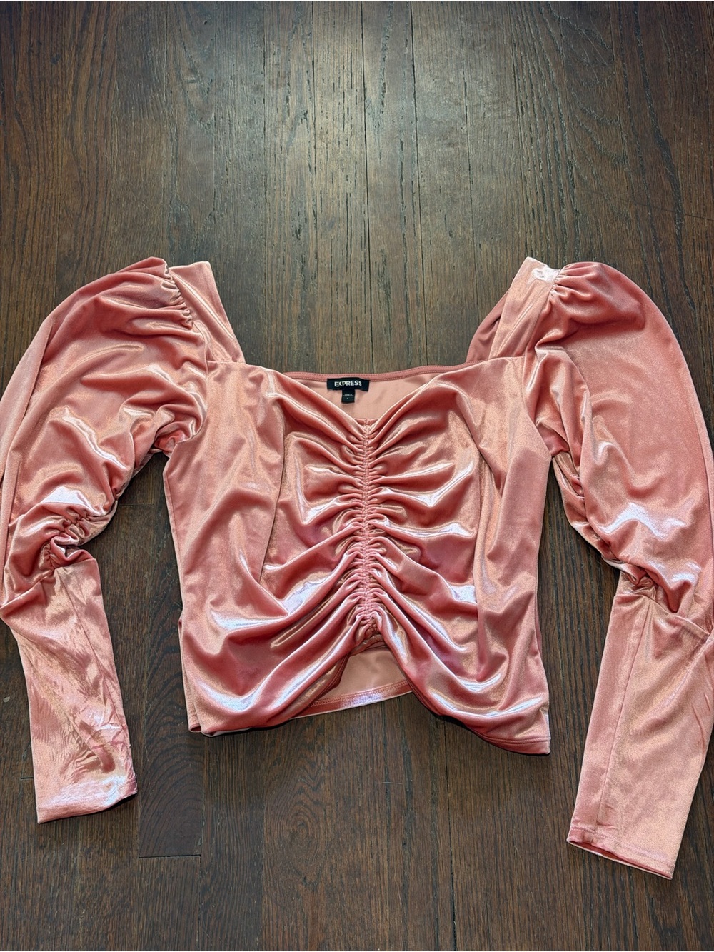 Express Rose Pink Ruched Velvet Puff Sleeve Crop Top